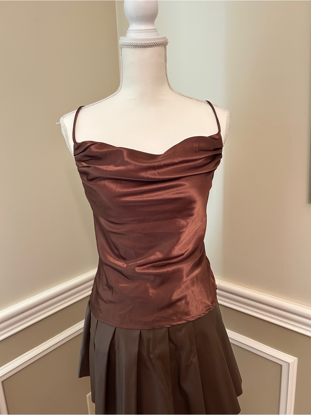 NWT Brown Satin Cowl Neck Top